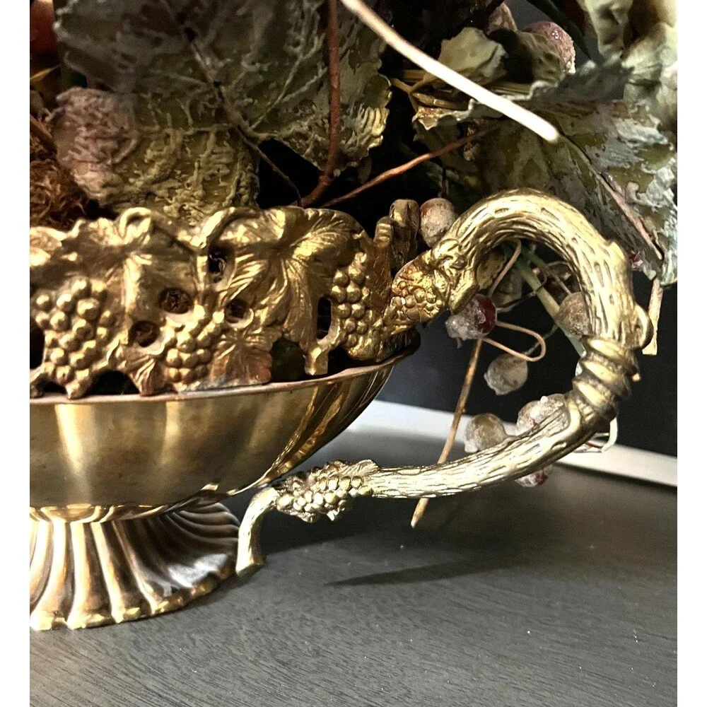 Vtg Large Ornate Grapevine Gooseneck Handle Brass Centerpiece Bowl Faux Flowers